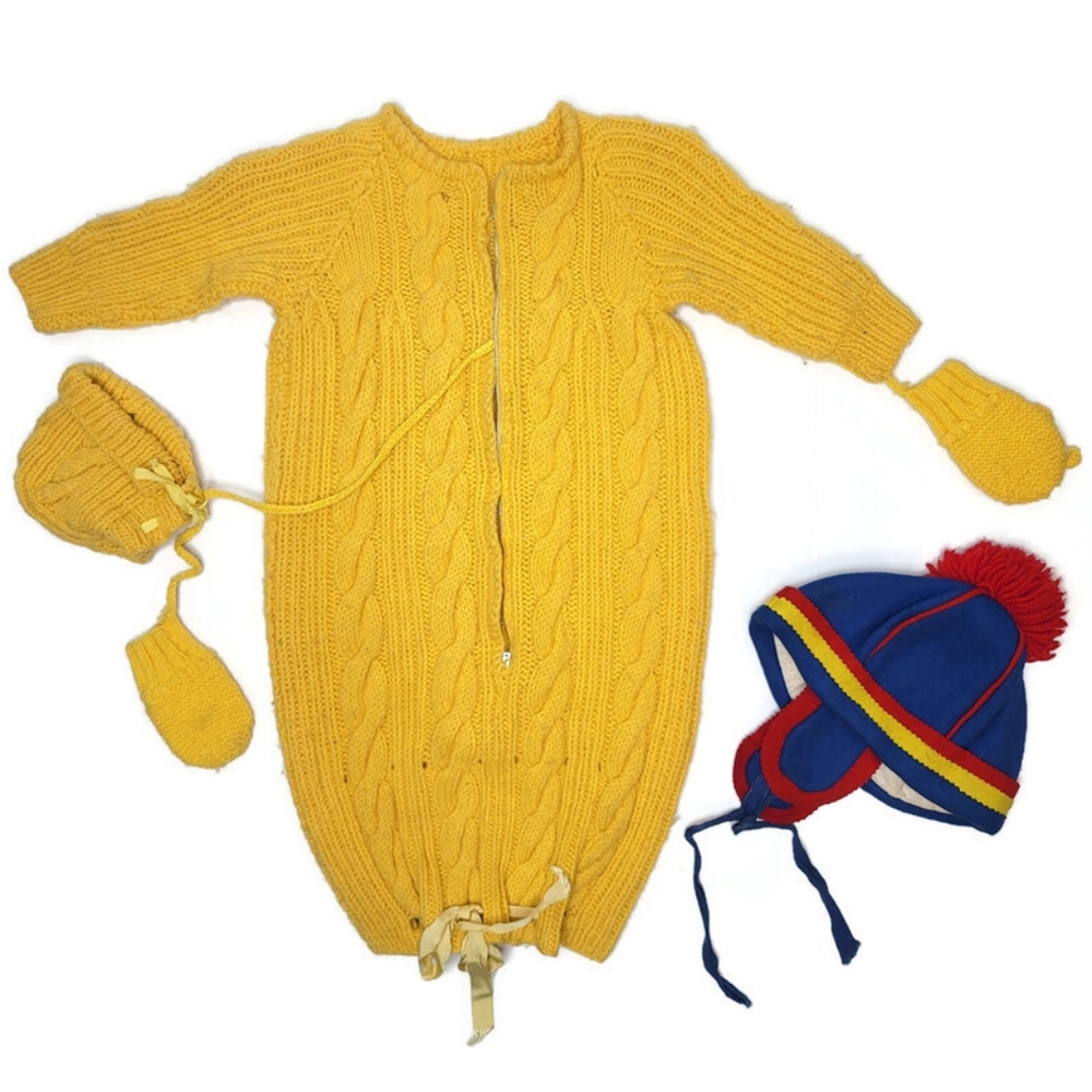 Vintage home made baby winter body suit sack with mittens, a bonnet and hat